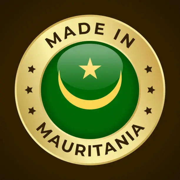 Vector illustration of Made in Mauritania - Vector Graphics. Round Golden Label Badge Emblem with Flag of Mauritania and Text Made in Mauritania. Isolated on Dark Background