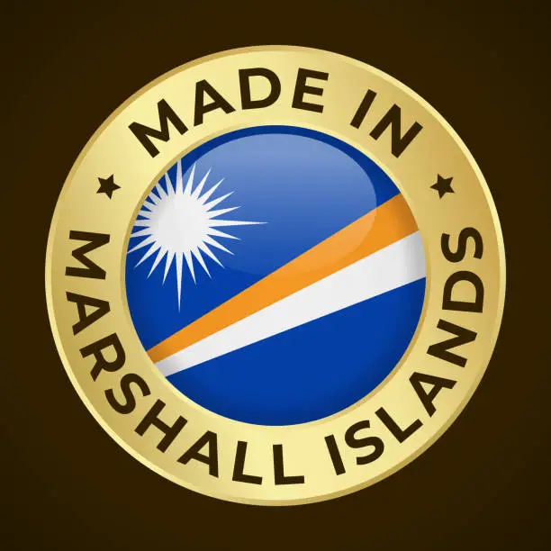 Vector illustration of Made in Marshall Islands - Vector Graphics. Round Golden Label Badge Emblem with Flag of Marshall Islands and Text Made in Marshall Islands. Isolated on Dark Background