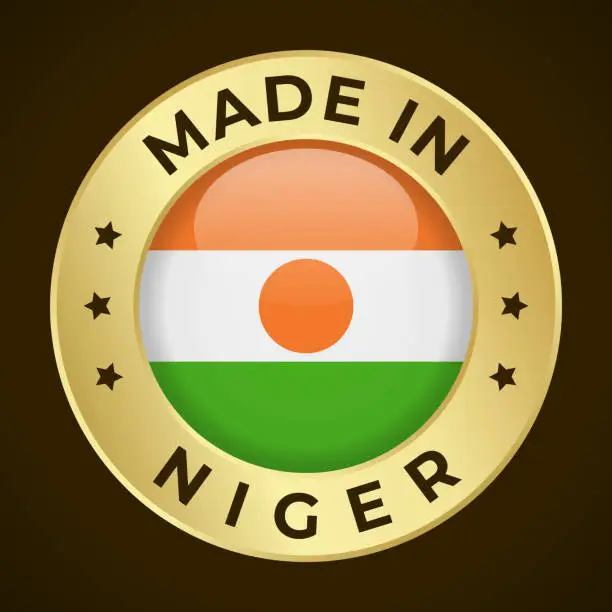 Vector illustration of Made in Niger - Vector Graphics. Round Golden Label Badge Emblem with Flag of Niger and Text Made in Niger. Isolated on Dark Background