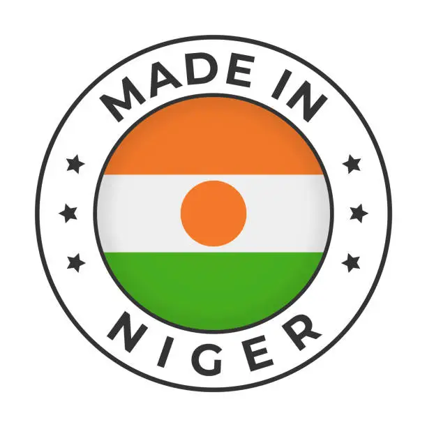 Vector illustration of Made in Niger - Vector Graphics. Round Simple Label Badge Emblem with Flag of Niger and Text Made in Niger. Isolated on White Background