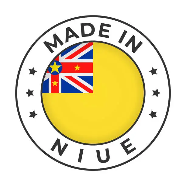 Vector illustration of Made in Niue - Vector Graphics. Round Simple Label Badge Emblem with Flag of Niue and Text Made in Niue. Isolated on White Background