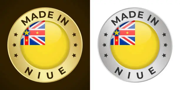 Vector illustration of Made in Niue - Vector Graphics. Round Golden and Silver Label Badge Emblem Set with Flag of Niue and Text Made in Niue. Isolated on White and Dark Backgrounds
