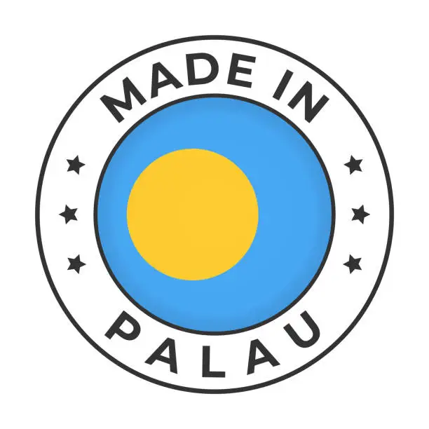 Vector illustration of Made in Palau - Vector Graphics. Round Simple Label Badge Emblem with Flag of Palau and Text Made in Palau. Isolated on White Background