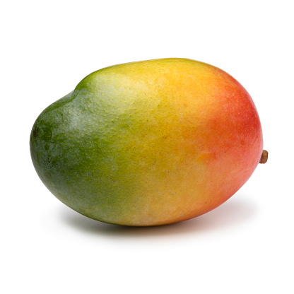 Single colorful mango isolated on white background close up