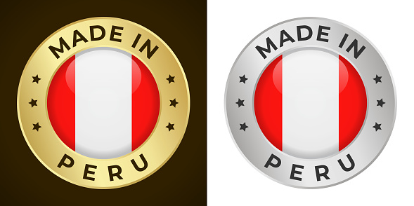 Made in Peru - Vector Graphics. Round Golden and Silver Label Badge Emblem Set with Flag of Peru and Text Made in Peru. Isolated on White and Dark Backgrounds