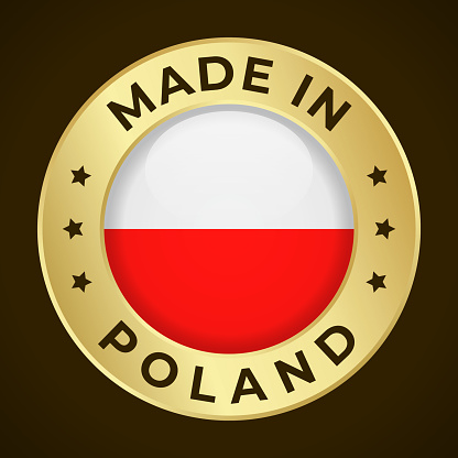 Made in Poland - Vector Graphics. Round Golden Label Badge Emblem with Flag of Poland and Text Made in Poland. Isolated on Dark Background