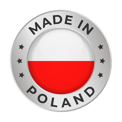 Made in Poland - Vector Graphics. Round Silver Label Badge Emblem with Flag of Poland and Text Made in Poland. Isolated on White Background
