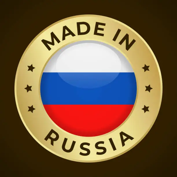 Vector illustration of Made in Russia - Vector Graphics. Round Golden Label Badge Emblem with Flag of Russia and Text Made in Russia. Isolated on Dark Background