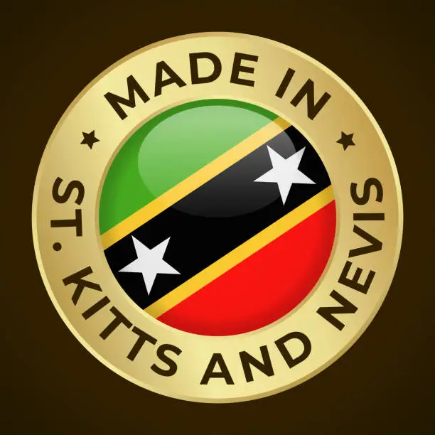 Vector illustration of Made in Saint Kitts and Nevis - Vector Graphics. Round Golden Label Badge Emblem with Flag of Saint Kitts and Nevis and Text Made in Saint Kitts and Nevis. Isolated on Dark Background