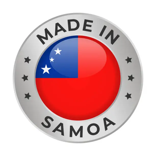 Vector illustration of Made in Samoa - Vector Graphics. Round Silver Label Badge Emblem with Flag of Samoa and Text Made in Samoa. Isolated on White Background