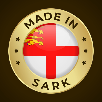 Made in Sark - Vector Graphics. Round Golden Label Badge Emblem with Flag of Sark and Text Made in Sark. Isolated on Dark Background