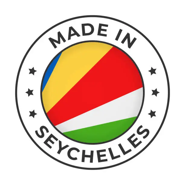 Vector illustration of Made in Seychelles - Vector Graphics. Round Simple Label Badge Emblem with Flag of Seychelles and Text Made in Seychelles. Isolated on White Background