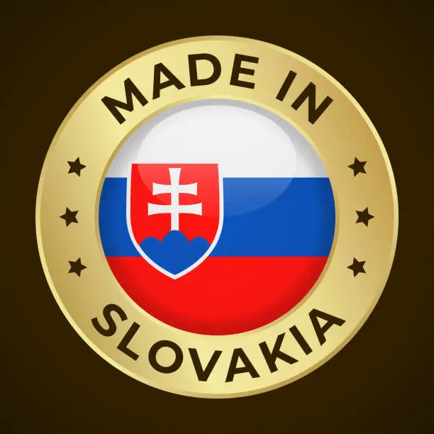 Vector illustration of Made in Slovakia - Vector Graphics. Round Golden Label Badge Emblem with Flag of Slovakia and Text Made in Slovakia. Isolated on Dark Background