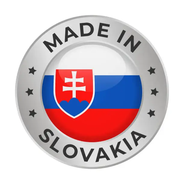 Vector illustration of Made in Slovakia - Vector Graphics. Round Silver Label Badge Emblem with Flag of Slovakia and Text Made in Slovakia. Isolated on White Background