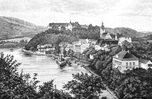 Grein, Danube, Austria Illustration from 19th century. grein austria stock illustrations