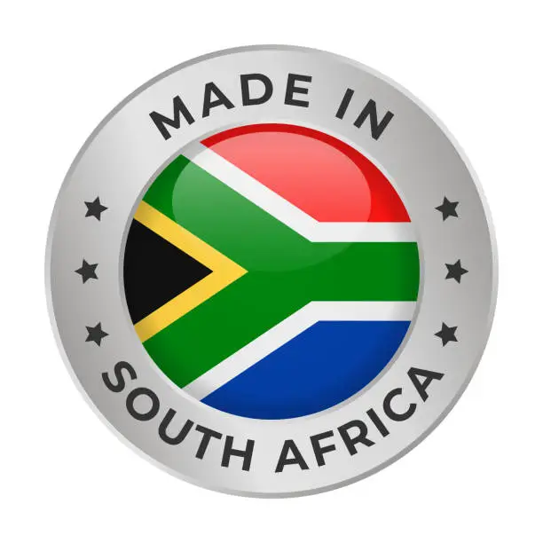 Vector illustration of Made in South Africa - Vector Graphics. Round Silver Label Badge Emblem with Flag of South Africa and Text Made in South Africa. Isolated on White Background