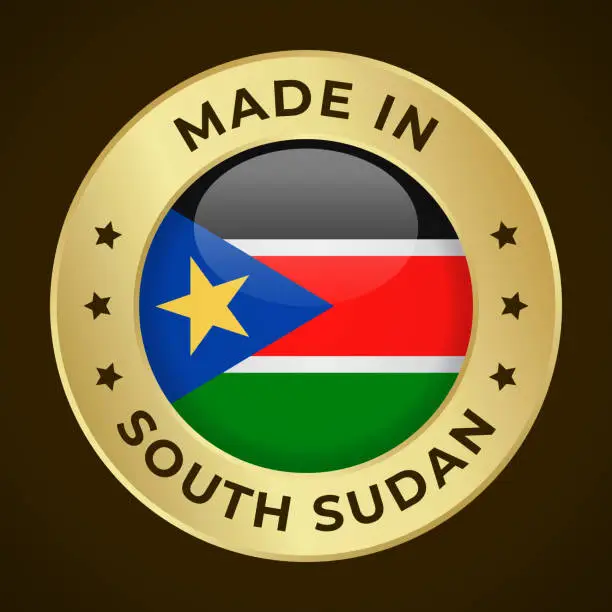 Vector illustration of Made in South Sudan - Vector Graphics. Round Golden Label Badge Emblem with Flag of South Sudan and Text Made in South Sudan. Isolated on Dark Background