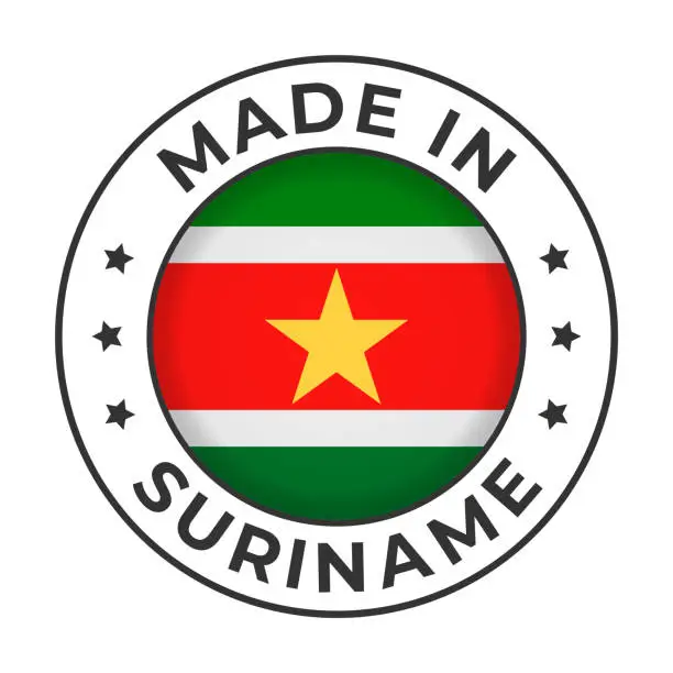 Vector illustration of Made in Suriname - Vector Graphics. Round Simple Label Badge Emblem with Flag of Suriname and Text Made in Suriname. Isolated on White Background