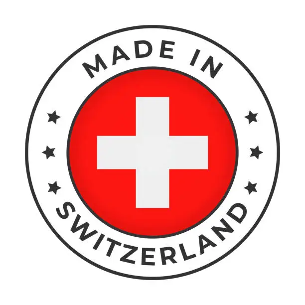 Vector illustration of Made in Switzerland - Vector Graphics. Round Simple Label Badge Emblem with Flag of Switzerland and Text Made in Switzerland. Isolated on White Background