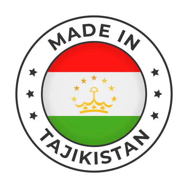 Vector illustration of Made in Tajikistan - Vector Graphics. Round Simple Label Badge Emblem with Flag of Tajikistan and Text Made in Tajikistan. Isolated on White Background