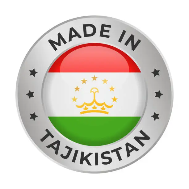 Vector illustration of Made in Tajikistan - Vector Graphics. Round Silver Label Badge Emblem with Flag of Tajikistan and Text Made in Tajikistan. Isolated on White Background