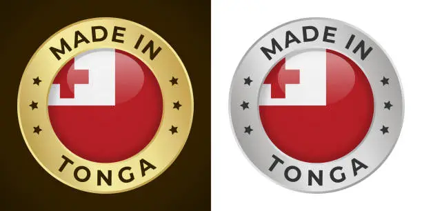 Vector illustration of Made in Tonga - Vector Graphics. Round Golden and Silver Label Badge Emblem Set with Flag of Tonga and Text Made in Tonga. Isolated on White and Dark Backgrounds