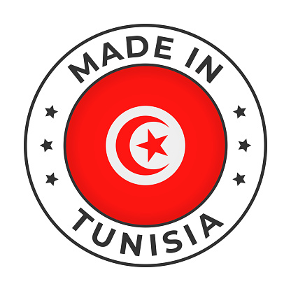 Made in Tunisia - Vector Graphics. Round Simple Label Badge Emblem with Flag of Tunisia and Text Made in Tunisia. Isolated on White Background