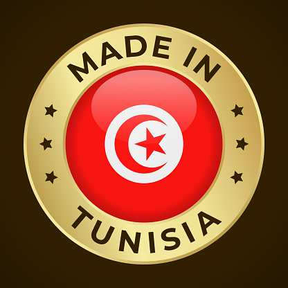 Made in Tunisia - Vector Graphics. Round Golden Label Badge Emblem with Flag of Tunisia and Text Made in Tunisia. Isolated on Dark Background