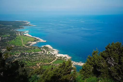 Blue-turquoise coastal views of Mediterranean Sea in Akamas National Park, Cyprus