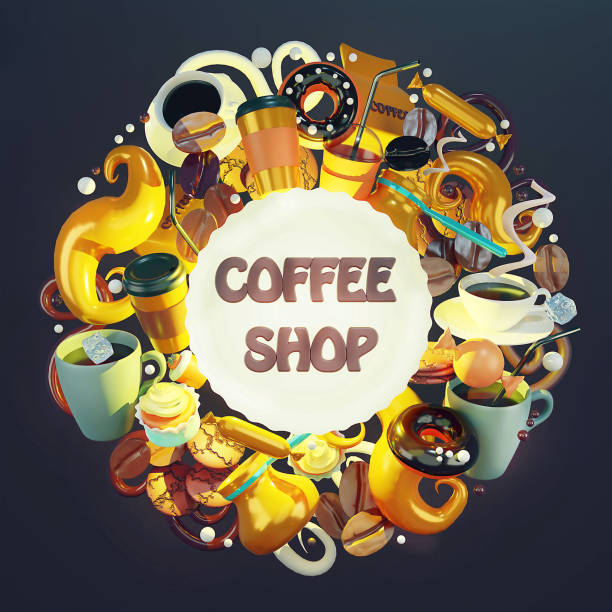 Coffee Shop. Lots of background objects. 3d coffee cup. Coffee to go.