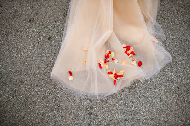 Dry rose petals on a wedding dress