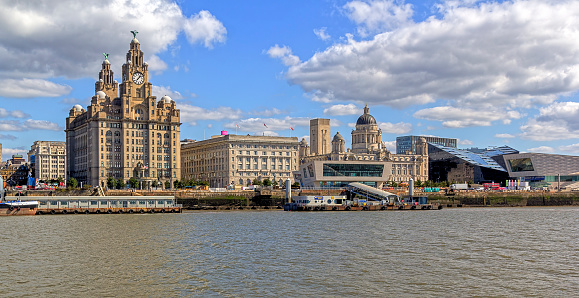 View towards Liverpool's waterfront form the river Mersey.  The pierhead can be seen in the distance.  There are no people in the photograph