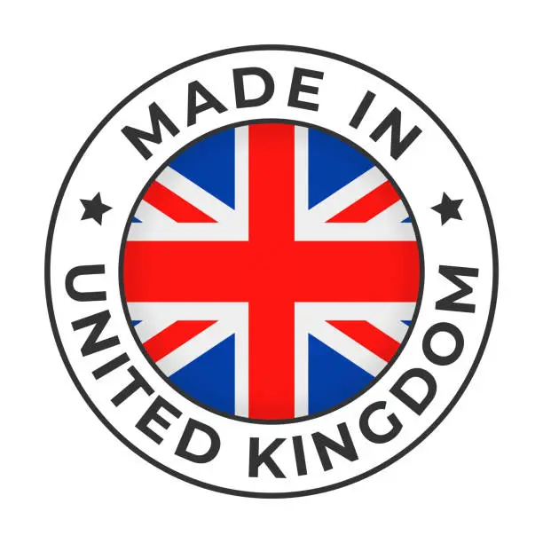 Vector illustration of Made in United Kingdom - Vector Graphics. Round Simple Label Badge Emblem with Flag of United Kingdom and Text Made in United Kingdom. Isolated on White Background