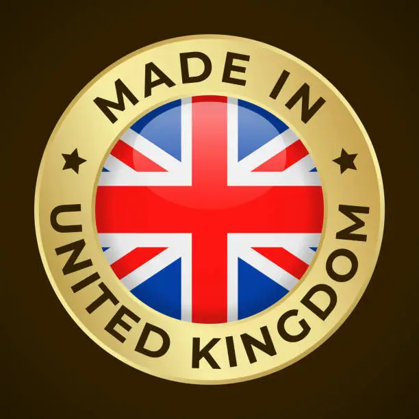 Vector illustration of Made in United Kingdom - Vector Graphics. Round Golden Label Badge Emblem with Flag of United Kingdom and Text Made in United Kingdom. Isolated on Dark Background