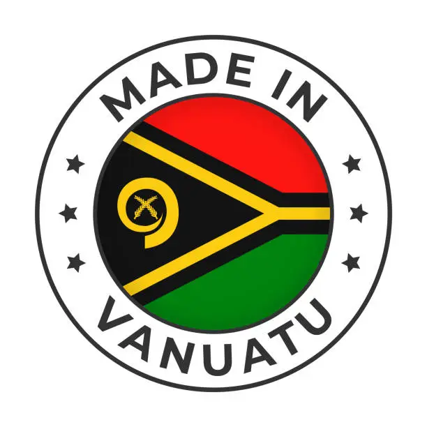 Vector illustration of Made in Vanuatu - Vector Graphics. Round Simple Label Badge Emblem with Flag of Vanuatu and Text Made in Vanuatu. Isolated on White Background