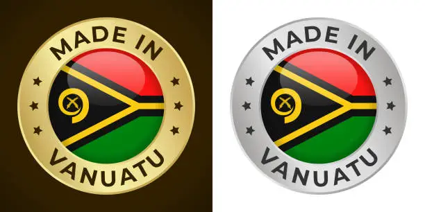 Vector illustration of Made in Vanuatu - Vector Graphics. Round Golden and Silver Label Badge Emblem Set with Flag of Vanuatu and Text Made in Vanuatu. Isolated on White and Dark Backgrounds