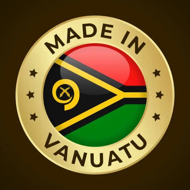 Vector illustration of Made in Vanuatu - Vector Graphics. Round Golden Label Badge Emblem with Flag of Vanuatu and Text Made in Vanuatu. Isolated on Dark Background