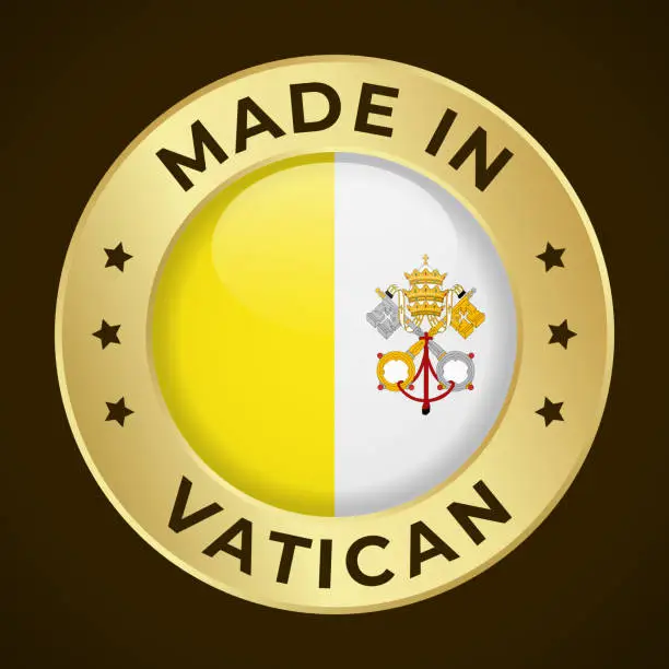 Vector illustration of Made in Vatican - Vector Graphics. Round Golden Label Badge Emblem with Flag of Vatican and Text Made in Vatican. Isolated on Dark Background