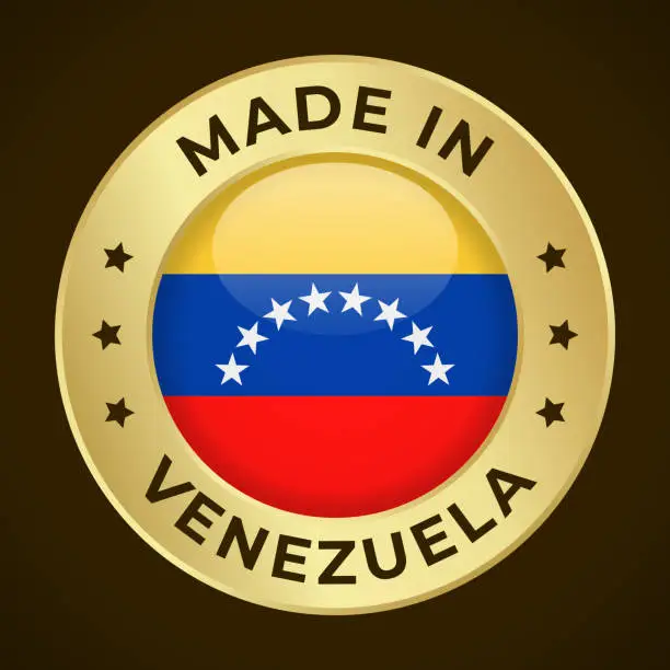 Vector illustration of Made in Venezuela - Vector Graphics. Round Golden Label Badge Emblem with Flag of Venezuela and Text Made in Venezuela. Isolated on Dark Background