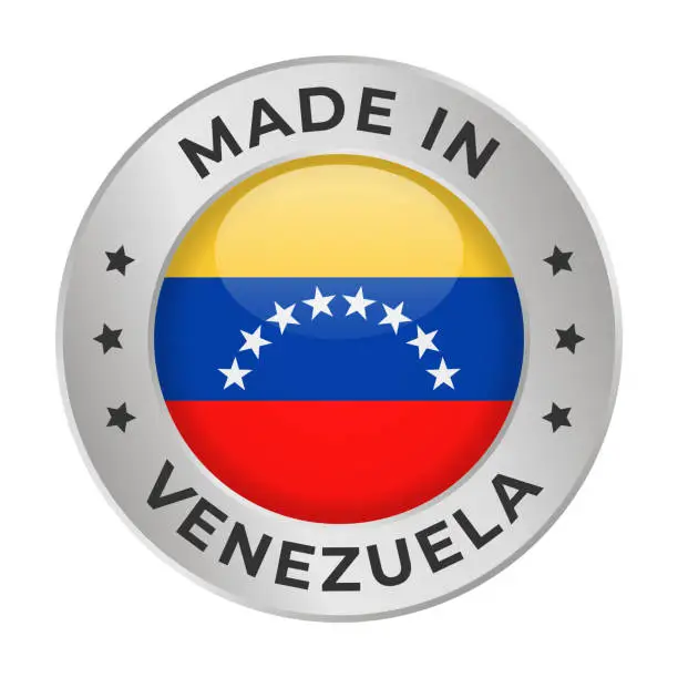 Vector illustration of Made in Venezuela - Vector Graphics. Round Silver Label Badge Emblem with Flag of Venezuela and Text Made in Venezuela. Isolated on White Background