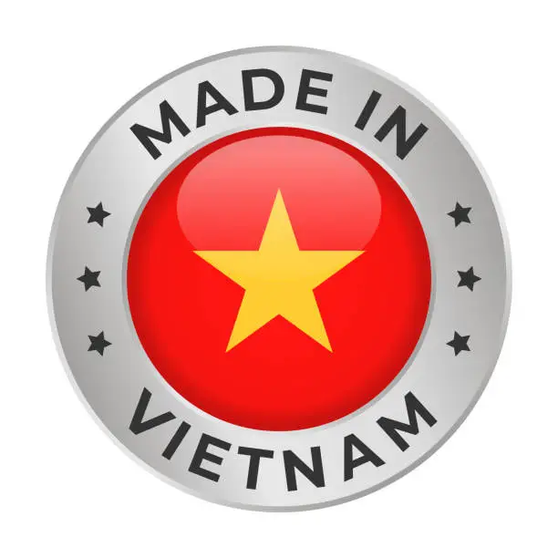 Vector illustration of Made in Vietnam - Vector Graphics. Round Silver Label Badge Emblem with Flag of Vietnam and Text Made in Vietnam. Isolated on White Background