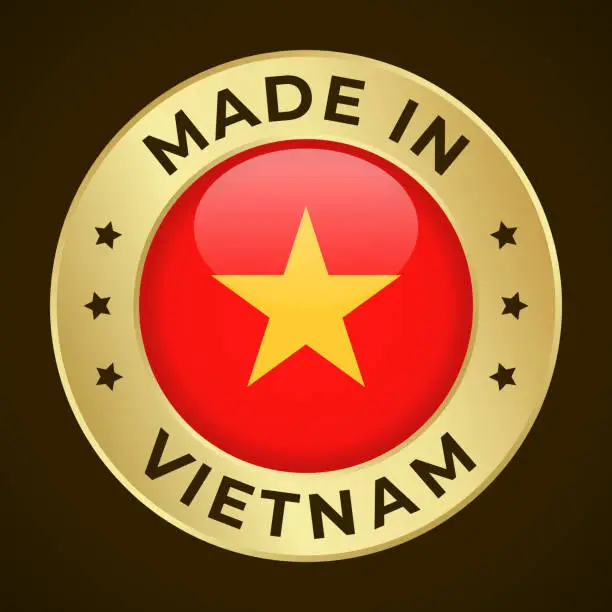 Vector illustration of Made in Vietnam - Vector Graphics. Round Golden Label Badge Emblem with Flag of Vietnam and Text Made in Vietnam. Isolated on Dark Background