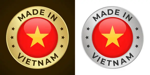 Vector illustration of Made in Vietnam - Vector Graphics. Round Golden and Silver Label Badge Emblem Set with Flag of Vietnam and Text Made in Vietnam. Isolated on White and Dark Backgrounds