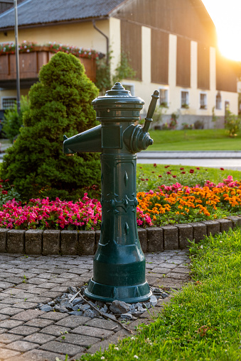 Viehhausen, Salzburg - Austria - 06-16-2021: A green painted classic water pump stands in a flower garden at sunset, radiating rustic charm