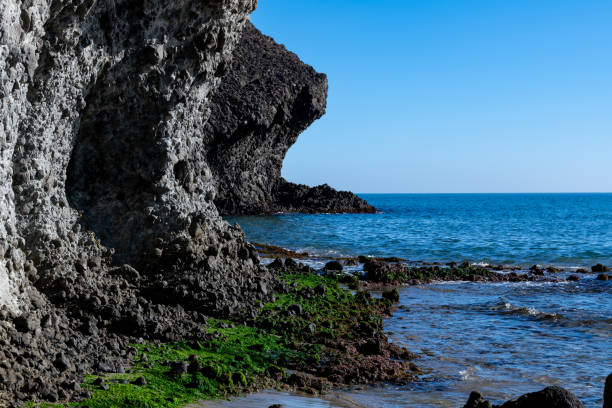 Cabo de Gata, Almeria - Spain - 01-23-2024: Volcanic archway on rocky beach against blue sea in Cabo de Gata