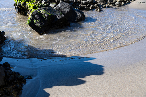 Cabo de Gata, Almeria - Spain - 01-23-2024: Mossy rocks and tranquil waves at a sandy beach in Cabo de Gata, casting soft shadows