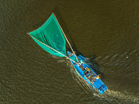 Drone view shrimps catching boat nailing on Da Nang sea - Da Nang city, Quang Nam Da Nang province, central Vietnam