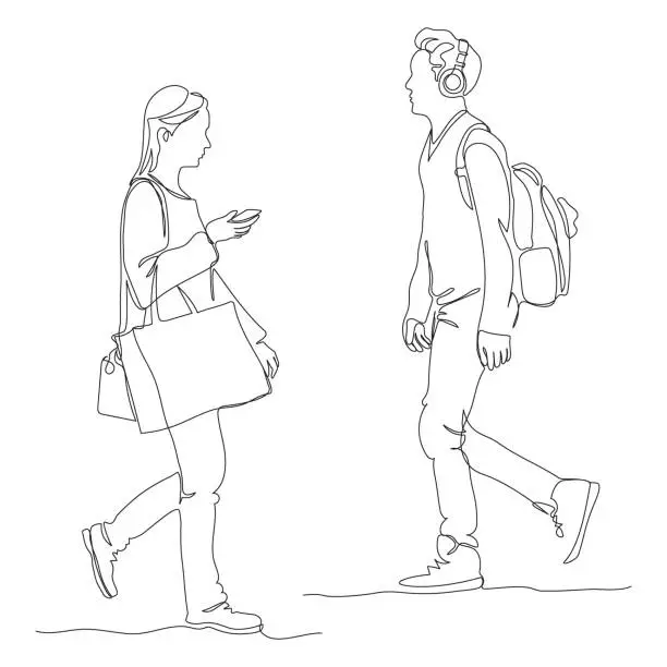 Vector illustration of Man with backpack and headset and woman with shopping bag walking on city street. Woman using phone on the go. Continuous line drawing. Black and white vector in line art style.