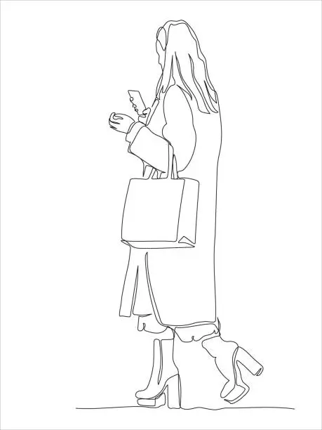 Vector illustration of Woman with shopping bag using phone. Wear coat and high heels shoes. Continuous line drawing. Black and white vector illustration in line art style.