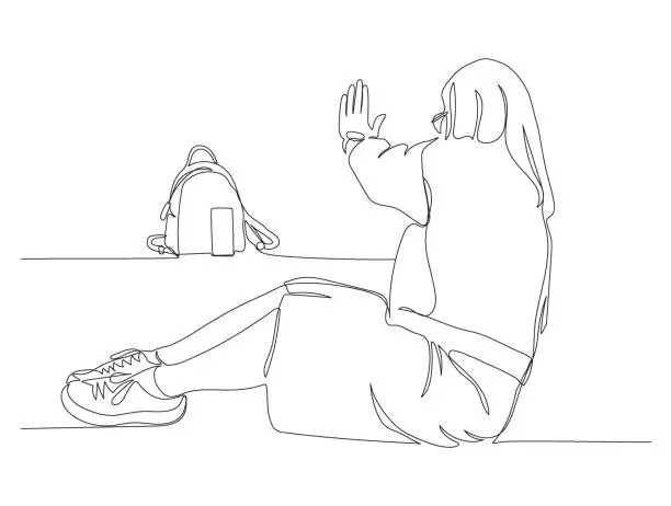 Vector illustration of Woman sitting with hand up and talking to her friends via video call on her phone. Continuous line drawing. Black and white vector in line art style.